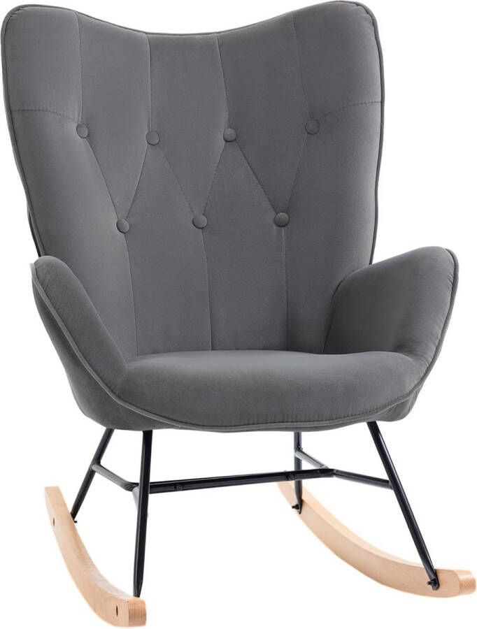 Schommelstoel met stalen frame gestoffeerde relaxstoel fauteuil stoel woonkamer fauteuil lounge met gestoffeerde zitting fluweelzacht polyester rubberhout donkergrijs + naturel 84 x 70 x 96 cm