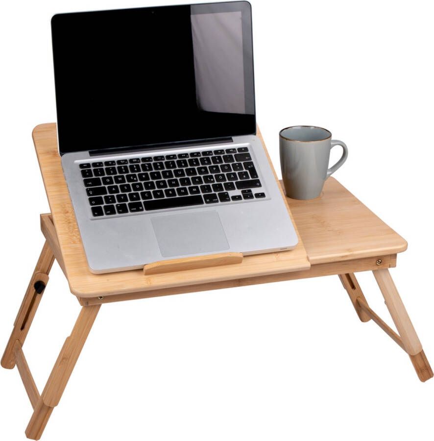 Laptoptafel Verstelbaar Schoottafel met Cuphouder en Tablethouder Bedtafel 21 5 x 27 5 CM Laptray Tafel voor op Bed of Bank Duurzaam Bamboe Hout Bruin