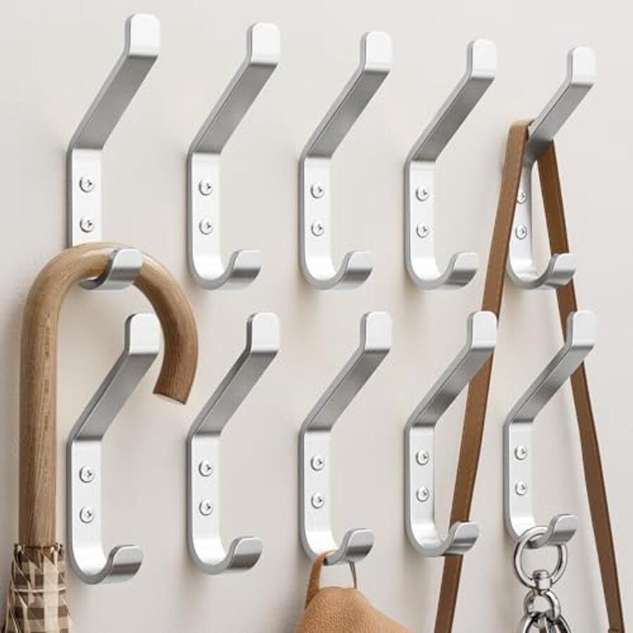 Schroefbare kapstokhaken 10-delig voor jassen en hoeden Wandhaken voor slaapkamer woonkamer en badkamer Zilver metaal 10 cm