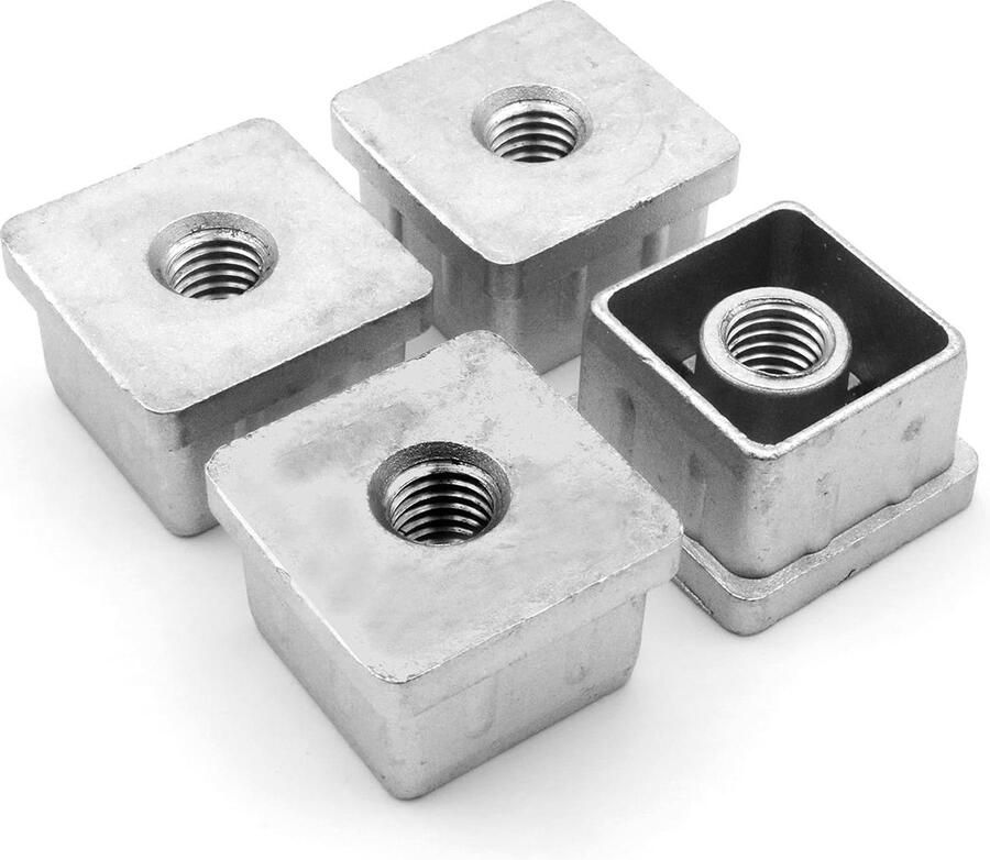 Schroefdraadstop instelstoppen voor vierkante buizen zink gegoten 30 x 30 mm x 15 mm M10 binnendraad