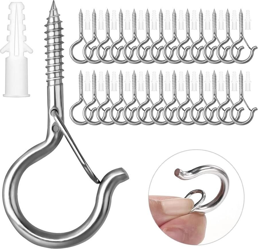 Schroefhaken roestvrij staal 50 stuks haken om te schroeven haakschroeven met veiligheidsgesp voor hangmatten luifels hangstoelen schommelstoelen vaste kabel bloemenhanger