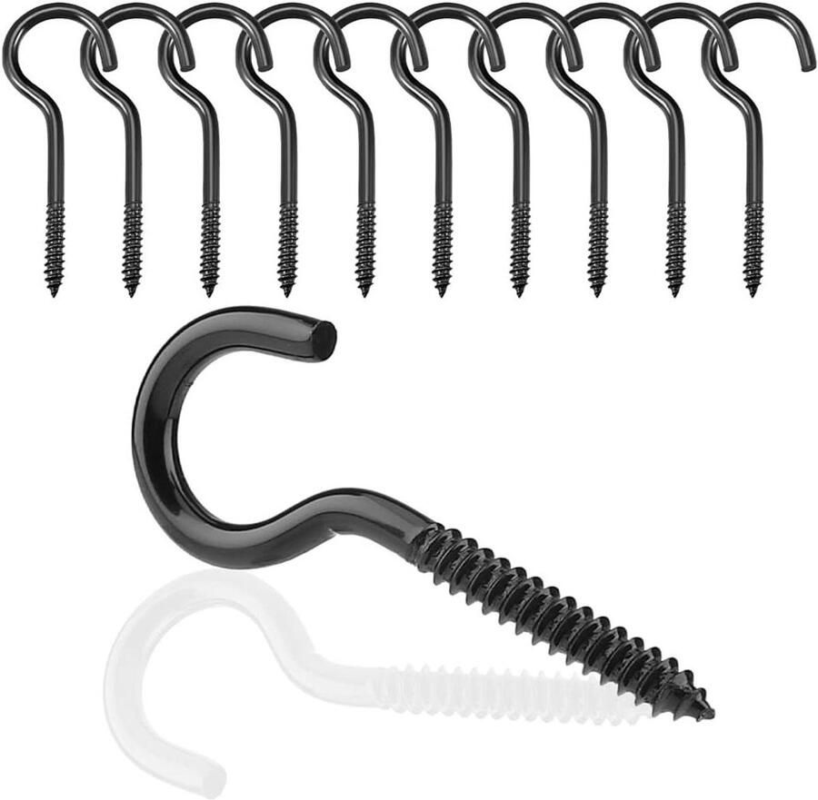 Schroefhaken Vervaardigd uit Staal Set van 10 Zwarte Haakschroeven voor Hangmatten en Luifels Geschikt voor Vaste Kabels en Hanging Baskets Multifunctioneel Gebruik