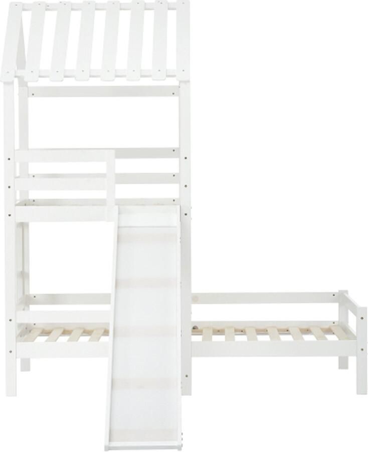 GOTAGEE Schuifbed 200x90cm en 100x90cm Huisbed met dak zonder matras Wit Grenenhout Speelbed met valbeveiliging en hek