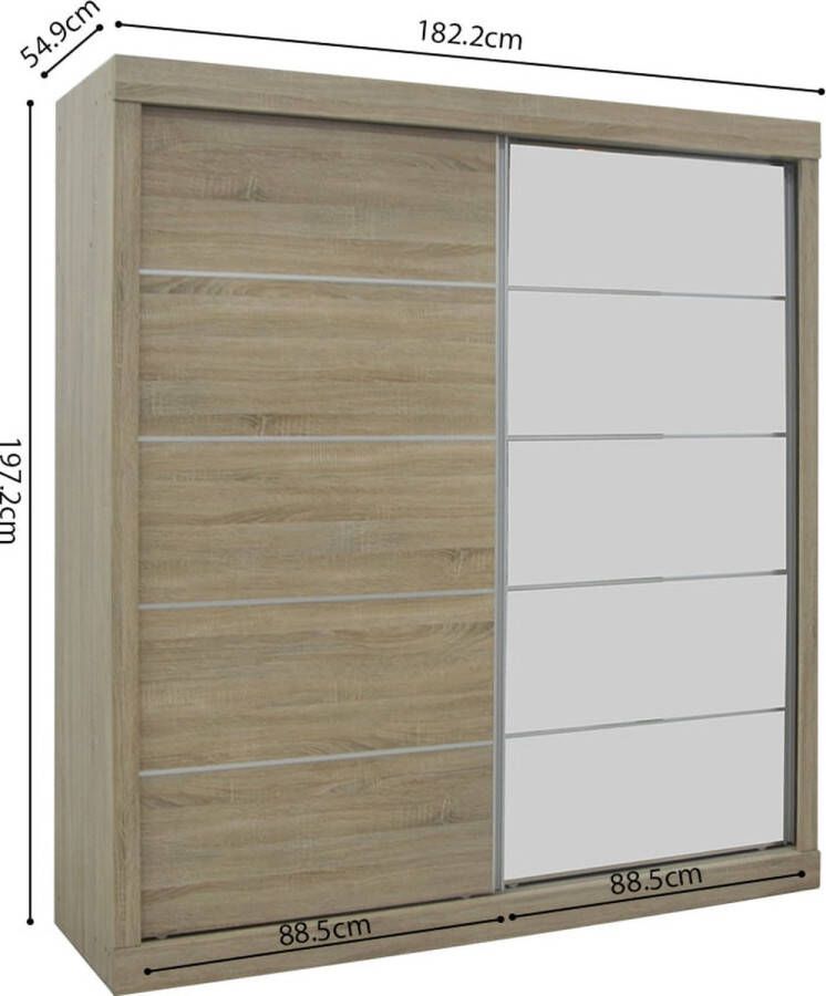 Schuifdeurkast Graham Sonoma Breedte 182.5 cm Hoogte 197.5 cm Diepte 52.5 cm Met hanggedeelte Met planken Met schuifdeur