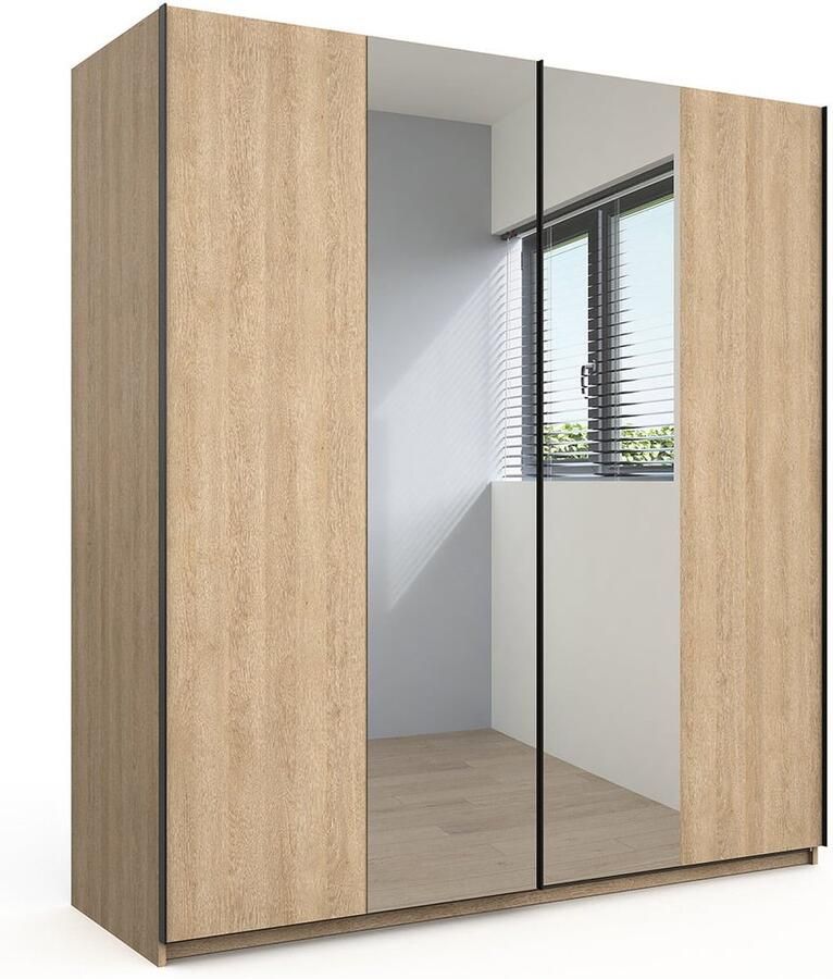 Schuifdeurkast Yumi Eiken Breedte 200 cm Hoogte 217 cm Diepte 69 cm Met hanggedeelte Met planken Met roldeur