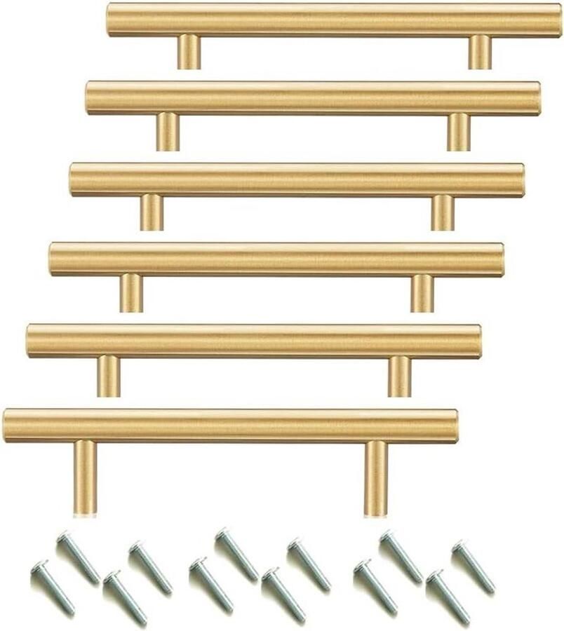 Schuifladenknop Meubelgreep RVS T-balk 64mm Goud Set van 6 Kastdeurknoppen