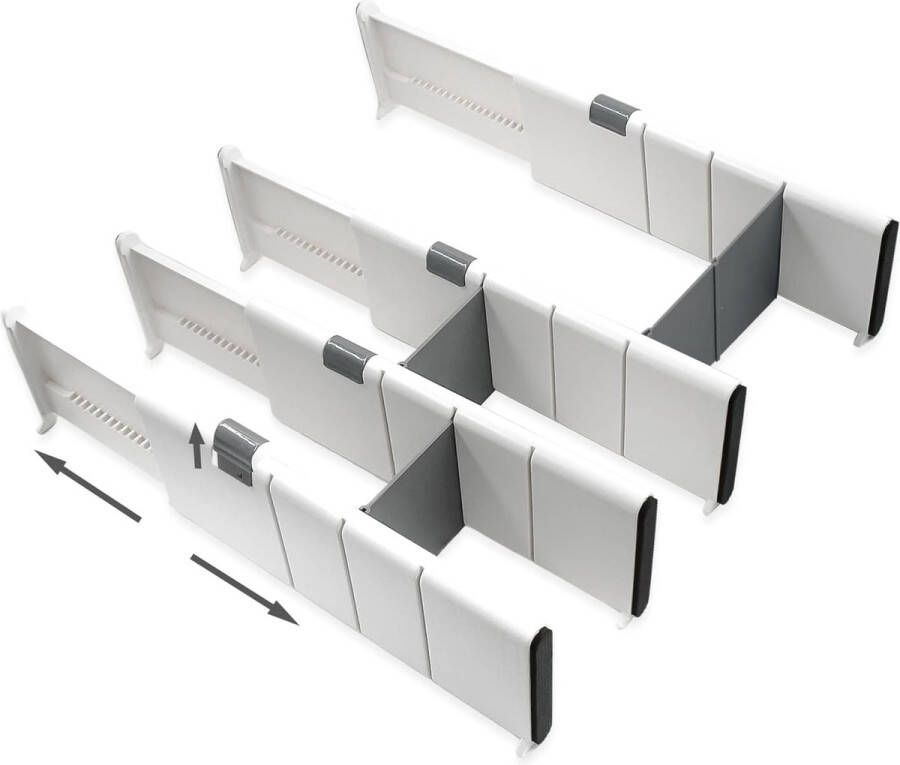 Schuifladenorganizer set van 4 ladeverdelers verstelbaar (28-44 5 cm 10 5 cm hoog) antislip ladeverdeler opbergsysteem voor keuken slaapkamer badkamer commode wit