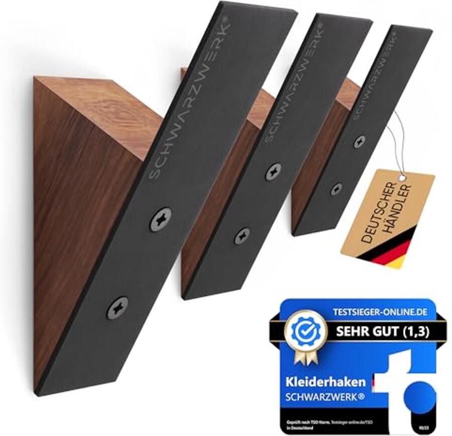 SCHWARZWERK wandhaak Wandkapstokken [SET VAN 3] met bevestigingsmateriaal Stijlvolle kapstok hoedenhaak kapstok jashouder (zwarte walnoot)