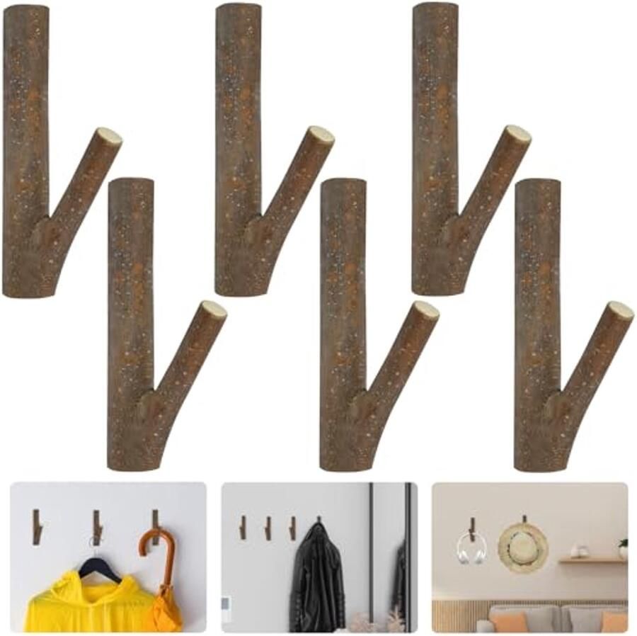 SCHYIDA 6 stuks houten kapstokken houten haken zelfklevende kapstokken 14 5 cm handdoekhaken vintage wandhaken wandkapstok houten haken natuurlijke handdoekhouders voor jassen jurken sjaals