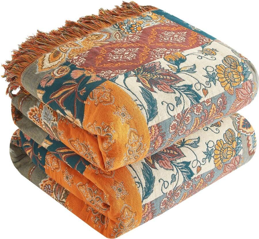 SE SOFTEXLY Boho-deken 100% katoen Grote dubbelzijdige mousseline sprei 200x230cm gezellige deken en sprei voor op de bank esthetisch design ideaal voor woonkamer en slaapkamer oranje groen