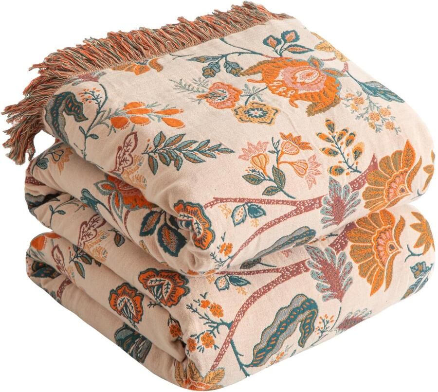 SE SOFTEXLY Boho-deken 100% katoen Grote dubbelzijdige mousseline sprei 200x230cm gezellige deken en sprei voor op de bank esthetisch design ideaal voor woonkamer en slaapkamer oranje groen