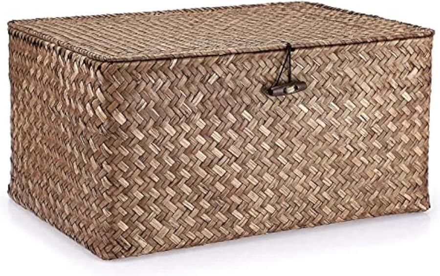 Seegras geweven opbergmand met deksel natuurlijk gevlochten bruin rekmand met gesp voor het organiseren van speelgoed kleding fruit voor kledingkast en woonkamer 36 x 24 x 18 cm