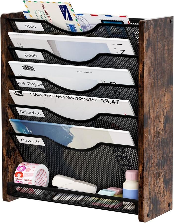 Senhoglb Metalen Hangende Ordner 5-laags Ordnerhouder Wandgemonteerd Tijdschriftenrek met Lade Houten Documentenopslag Bureau- en Postorganizer voor Kantoor en Thuis Antiekbruin