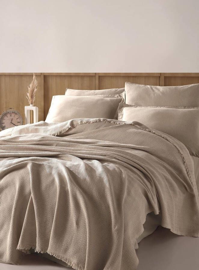 Sera Bedsprei 100% Gerecycled Katoen Oeko-Tex Sierdeken Omkeerbare Deken Slaapbank Deken Extra Groot (Sepia 200 x 230 cm)
