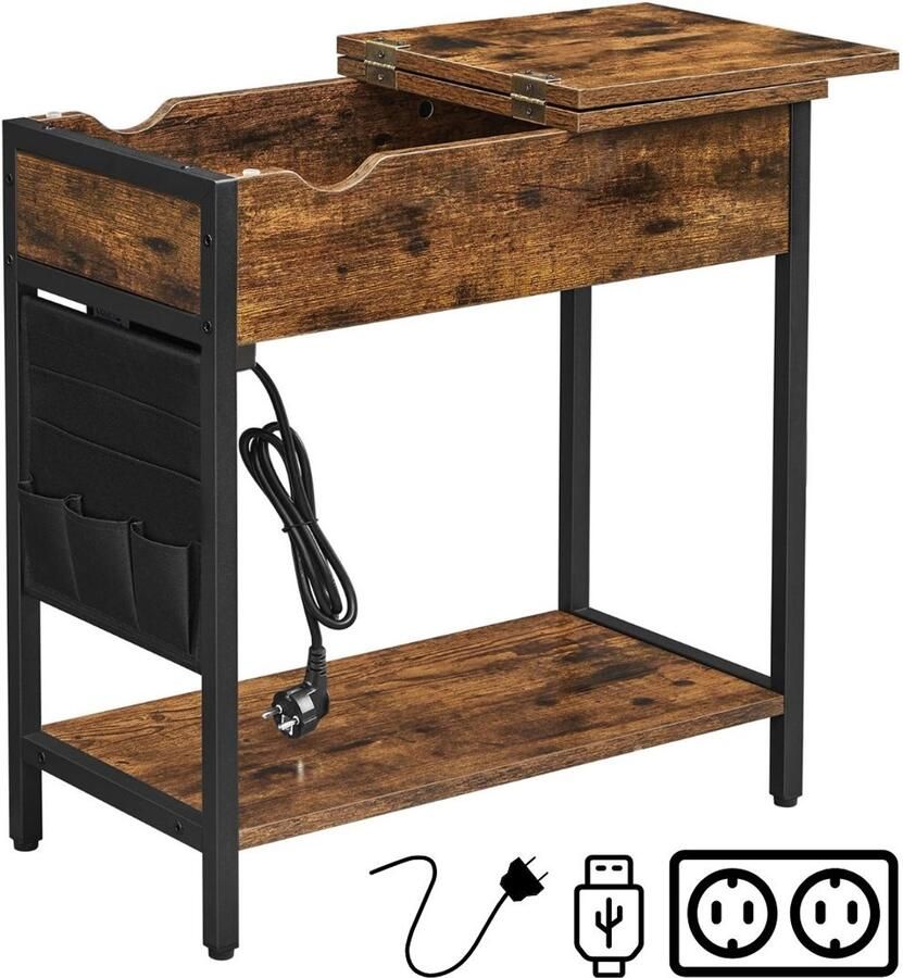 Serolux Bijzettafels Bijzettafeltjes woonkamer Twee stopcontacten en USB-poorten Stabiel en duurzaam Stoffen tas 60 x 31 5 x 60 cm Bruin