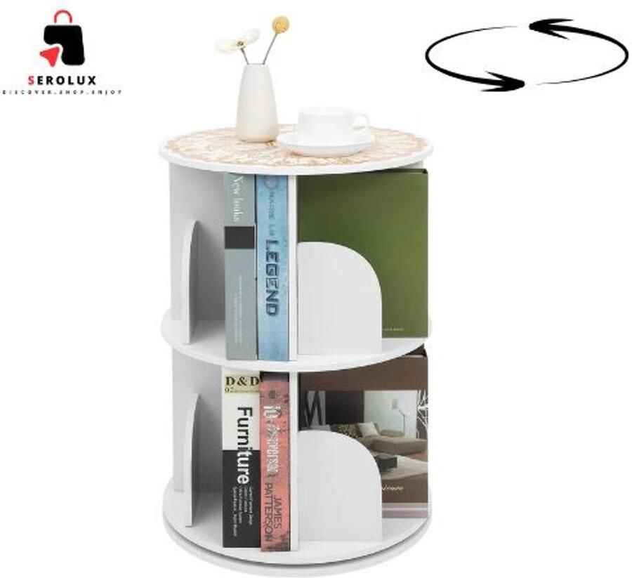 Serolux Boekenkast Roterende Boekenplank – 2 Lagen – 8 Compartimenten Circa 40 boeken 360° Draaibaar – Compact Design – Wit