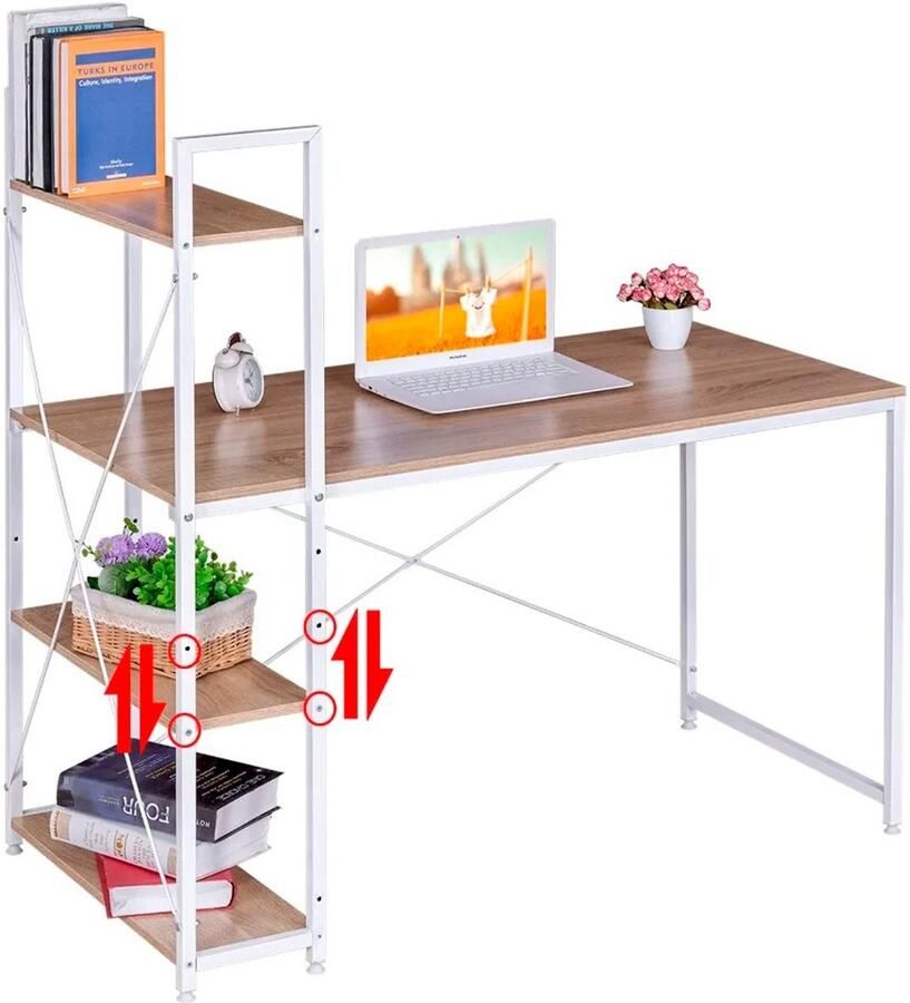 Serolux Bureau organizer MDF Tafelblad 4 open planken Antislip- en vloerbeschermers werkstation schrijftafel of studeerplek 120 × 64 × 120 cm Bruin