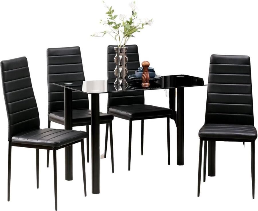 Serolux Eettafel 5-delige set Keukentafel met 4 stoelen 4 personen Rechthoekige eetkamertafel Glas Kunstleer 120 x 60 x 75 cm Zwart