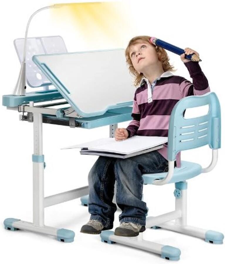 Serolux kindertafel Kinder bureaustoel kinder bureau Hoogte verstelbaar Kantelbaar tafelblad Stoel met kussen Inclusief tashaak Met lade pengleuf leesstandaard en bekersleuf 66 5 x 49 5 x 70cm licht Blauw