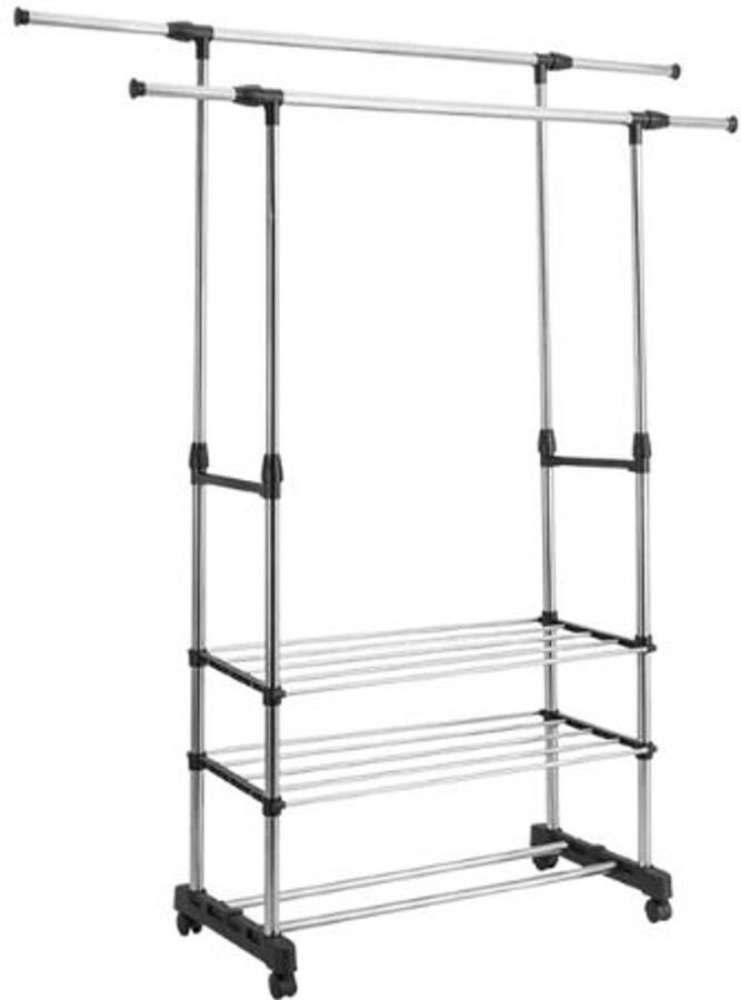 Serolux Kledingrek kledinghangers dressboy kledingrek op wieltjes Dubbele ophangstang In hoogte verstelbaar roestvrij staal Zijsteunen 360° draaibare Vergrendelbare wielen Gewichtscapaciteit 30 kg 80 × 42 × 80–150 cm