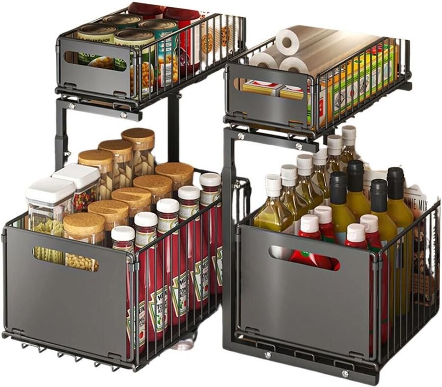 Serolux Opbergrekken 2 stuks Opbergrek voor onder de gootsteen Keukenopberger 2 niveaus Uitschuiflade Aanrecht Wasruimte 37 5 x 26 5 x 41–49 cm Zwart