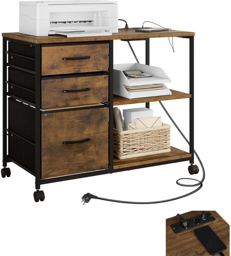 Serolux Printertafel Printerstandaard Met opbergplanken Voorzien van 2 stopcontacten en 2 USB 3 lades 4 zwenkwielen Robuuste constructie 80 × 66 × 40 cm Bruin