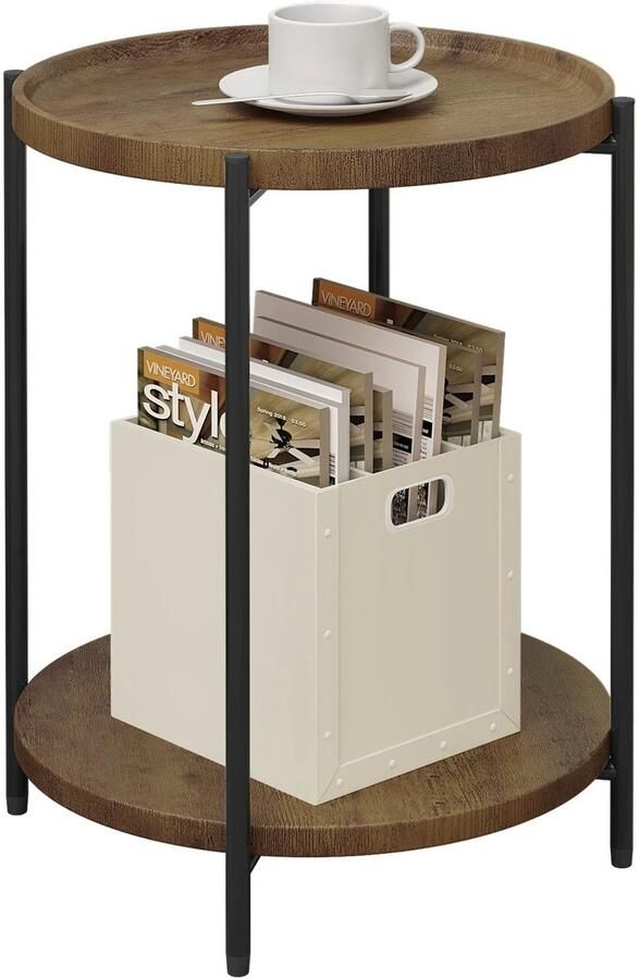 Serolux Salontafel rond Salontafel met opbergruimte Bijzettafels Twee open planken Afneembaar tafelblad MDF 43 2 × 49 5 × 43 2 cm Bruin