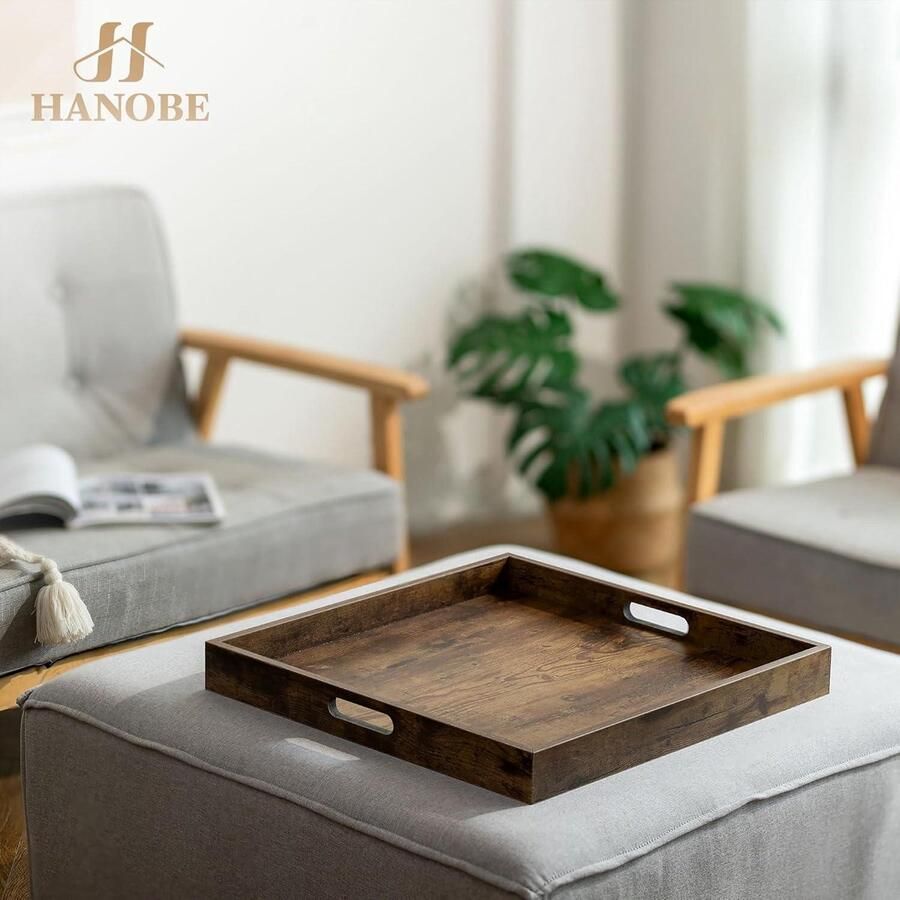 Serveerdienblad: decoratieve houten dienbladen met handgrepen voor salontafel vintage bruine houten schotel extra groot formaat woonkamer decor display 50 cm breed
