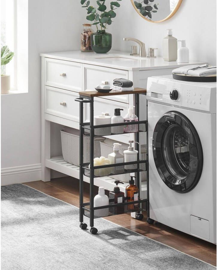 Inandoutdoormatch Serveerwagen Maria Keukenrek op Wielen Smalle Keukentrolley 360 Zwenkwielen Metalen Frame Vintage Bruin Zwart Vaderdag cadeau