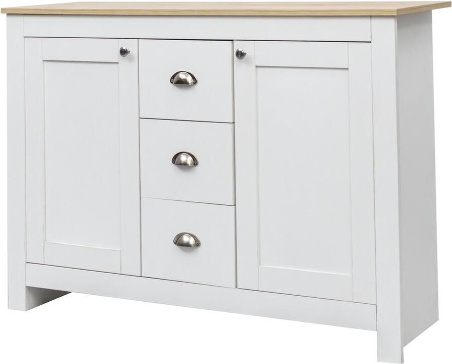 Servieskast opbergkast zijkast Met 2 deuren 3 laden verstelbare planken en demperde scharnieren Moderne minimalistische landelijke stijl met zilveren handgrepen 116x35x81 cm Wit