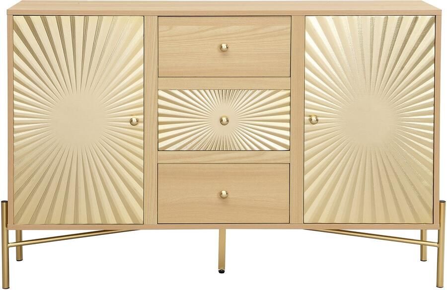 Servieskast opbergkast zijkast met 3 laden en 2 deuren uniek zonachtig ontwerp hoogstaande kastepels 123 5 x 35 x 80 cm houtkleur