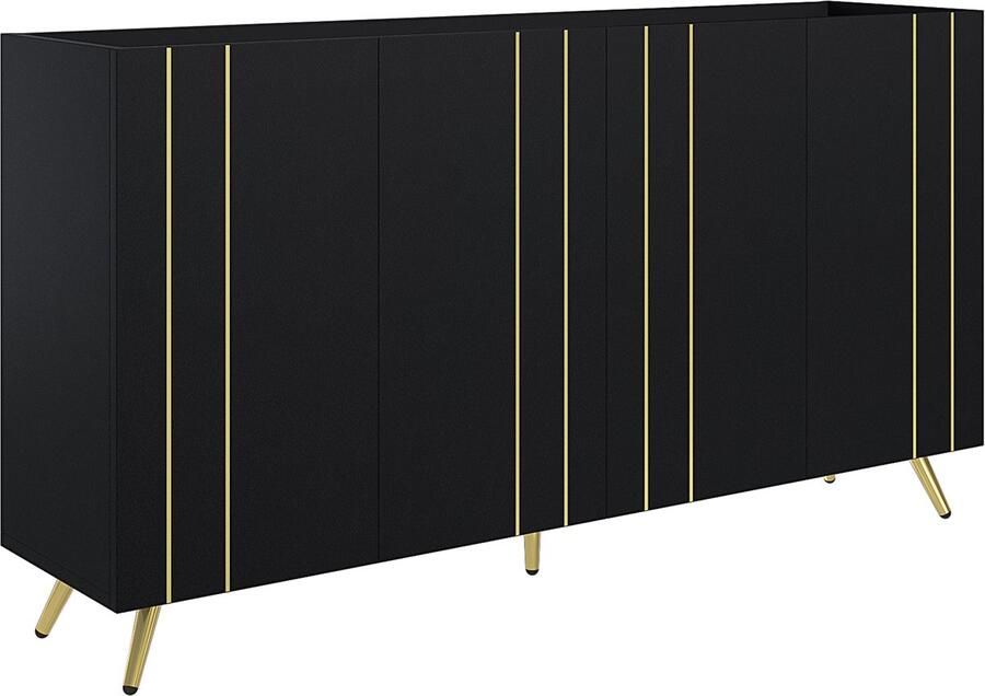 Servieskast opbergkast zijkast Met 4 deuren en verstelbare planken Moderne minimalistische uitstraling met gouden metalen strepen 160x38x80 cm Zwart