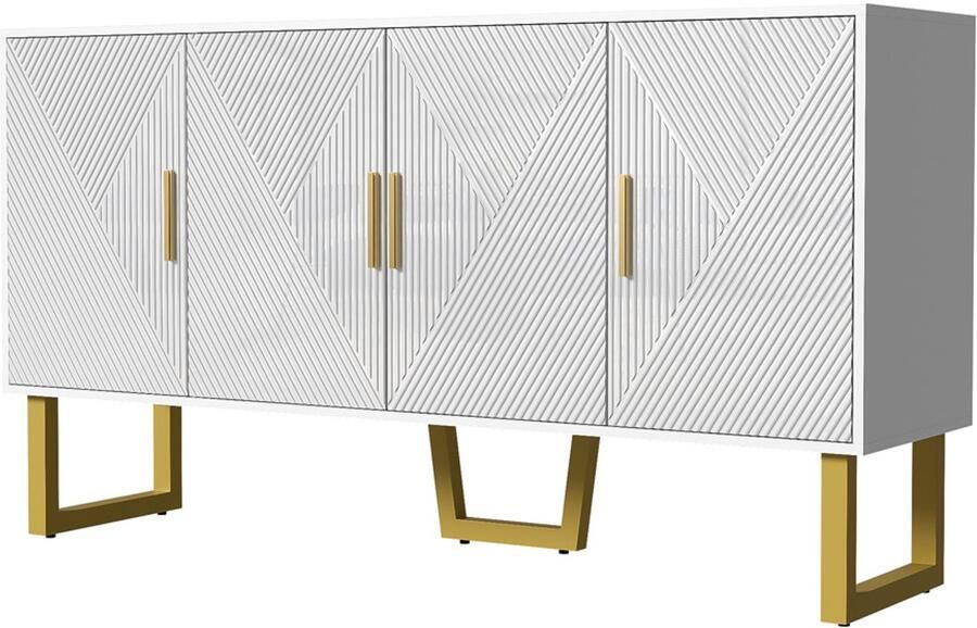 Servieskast opbergkast zijkast Met 4 deuren en verstelbare planken Ontworpen met hoogglans textuurdeuren en gouden handgrepen 150x40x82 cm Wit