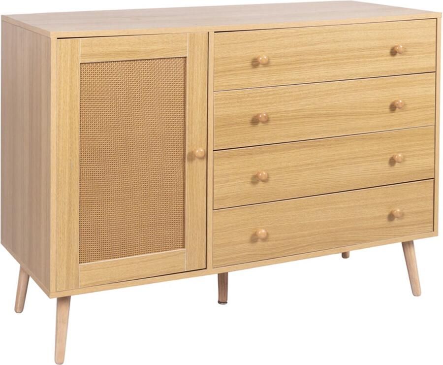 Servieskast opbergkast zijkast Met 4 laden en 1 deur Retro-minimalistische uitstraling 120x40x83 cm Houtkleur