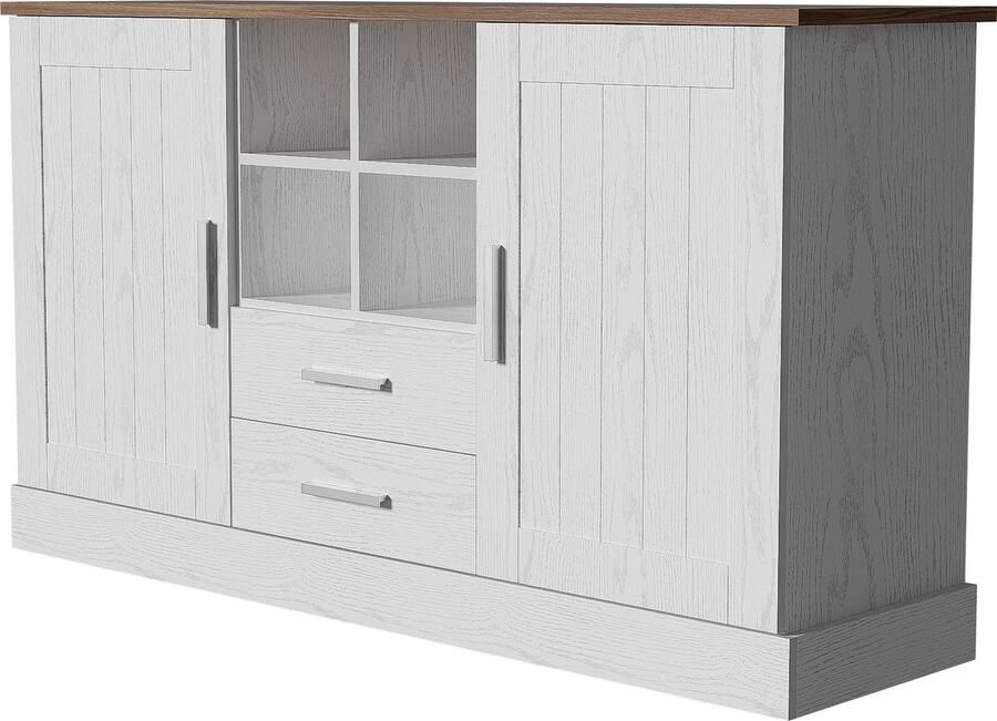 Servieskast opbergkast zijkast met 4 open compartimenten 2 laden en 2 deuren ontwerp met houtachtige texturen gecombineerd met een modern eenvoudig landelijke stijl uiterlijk 140 x 40 x 79 5 cm wit