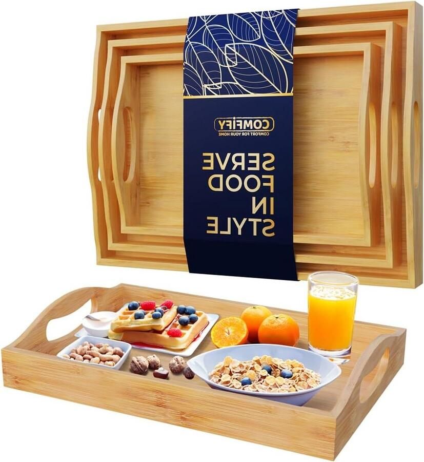 Serving Trays with Handle Set of 3 Bamboo Wooden Trays Nesting Large Medium Small Tray Food Ottoman Décor Breakfast in Bed Tray Natural Color