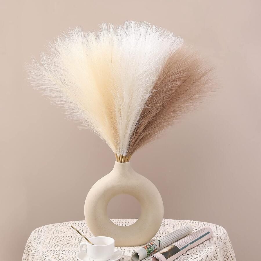 Serwalin 6 Kunstmatige Pampasgras Decoratie 45cm Klein Wit Pampasgras Kunstmatige Woonkamerdecoratie Kunstmatige Gedroogde Plant Bloem Pluizige Veren Korte Vaas voor Kantoor Thuis Eettafel Centerpieces