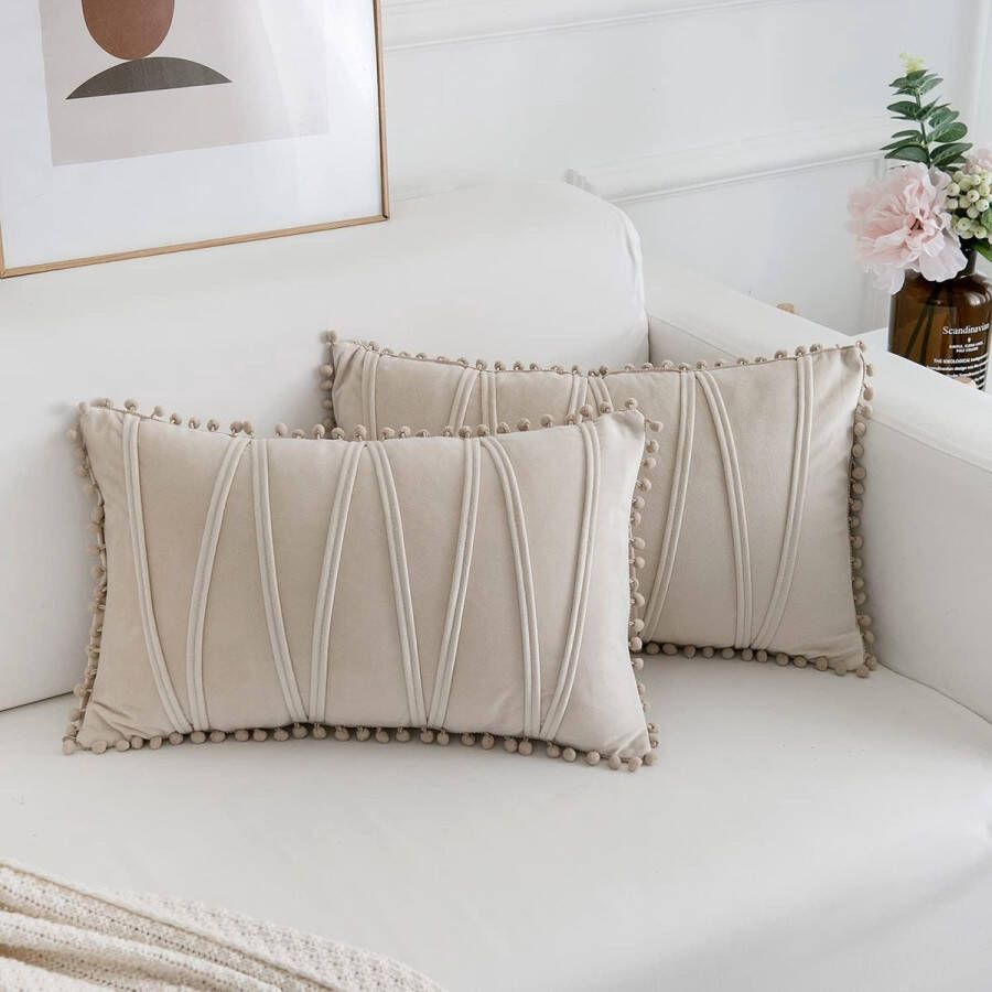 Set 0f 2 langwerpige kussenhoezen decoratief met pompons streep fluwelen kussenhoezen zachte coach sofa stoel thuis 30x50 cm wit crème