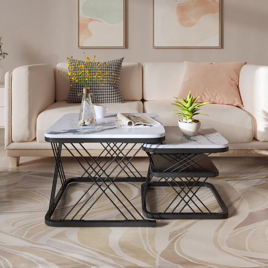 Set 2 Moderne Bijzettafels Wit Marmeren Look Stevig Frame Zwarte Stalen Buizen 2 Sofa Tafels 65X65X45cm & 45X45X38cm Maximale Flexibiliteit & Eigentijdse Elegantie & Praktische Opbergruimte Salontafel- Ruimtebesparend- Veelzijdig- Hoog draagvermogen