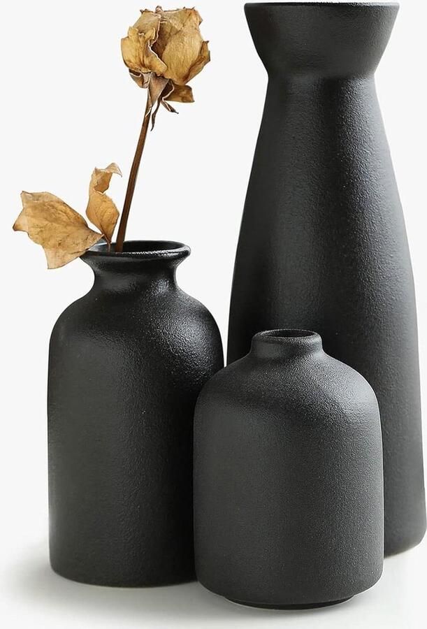 Set-3 kleine zwarte keramische bloemenvazen voor decor moderne rustieke boerderij pampasgras en gedroogde bloemen idee plank tafel mantel entree