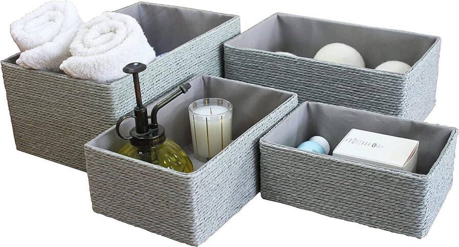 Set 4 Rieten mand papiercontainer opbergdoos make-updozen voor kast badkamer slaapkamer woonkamer grijs