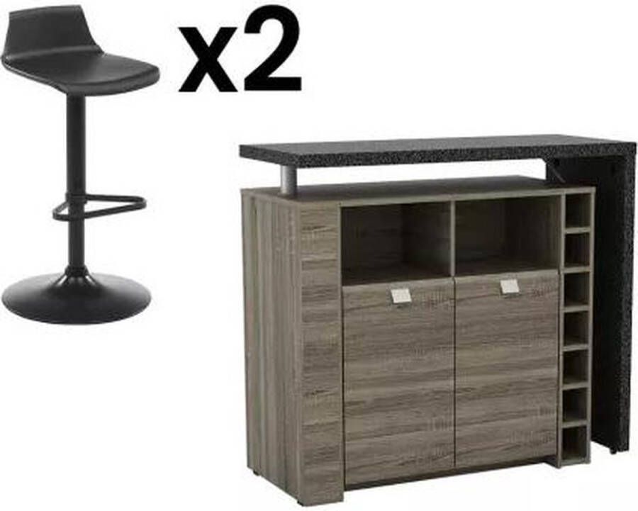 Set bar: Barmeubel METEORITE + 2 barkrukken CALAS Zwart en grijs L 120 cm x H 106.6 cm x D 50 cm