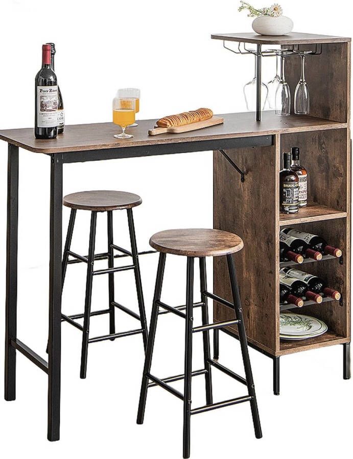 Set bartafel met 2 krukken statafel en stoelen met voetensteun eettafel met bekerhouder en 5 planken bistrotafel industrieel staal belasting 150 kg (bruin)