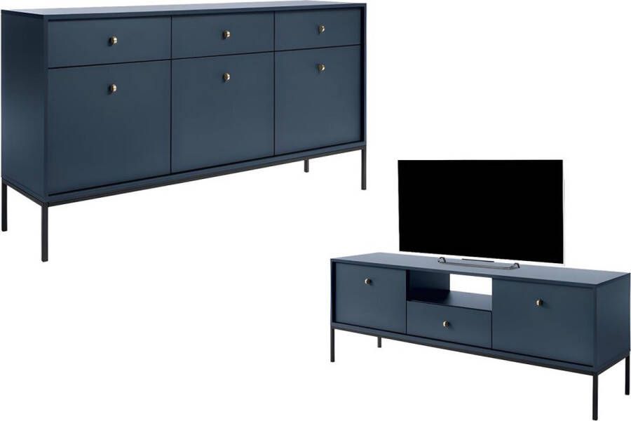 Set blauwe buffetkast en tv-meubel Eigentijdse woonkamer BOGDAN L 154 cm x H 83 cm x D 39 cm