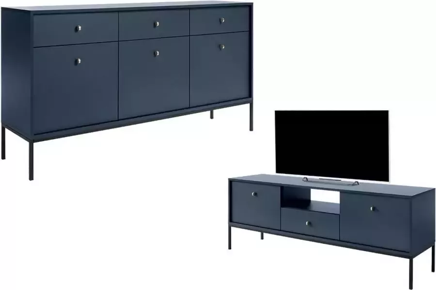 Set blauwe buffetkast en tv-meubel Eigentijdse woonkamer BOGDAN L 154 cm x H 83 cm x D 39 cm - Foto 1