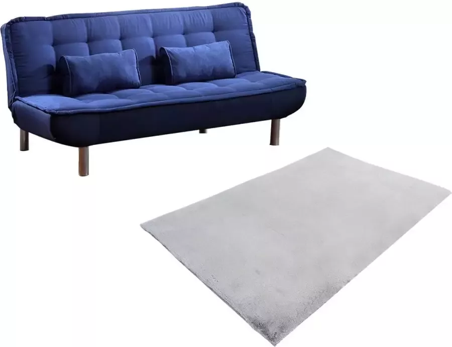 Vente-unique Set blauwe slaapbank MISHAN en grijs tapijt BUNNY L 200 cm x H 89 cm x D 150 cm