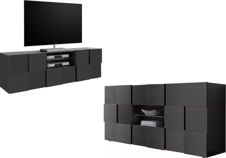 Set buffetkast + TV meubel CALISTO Antraciet gelakt L 181 cm x H 86 cm x D 43 cm