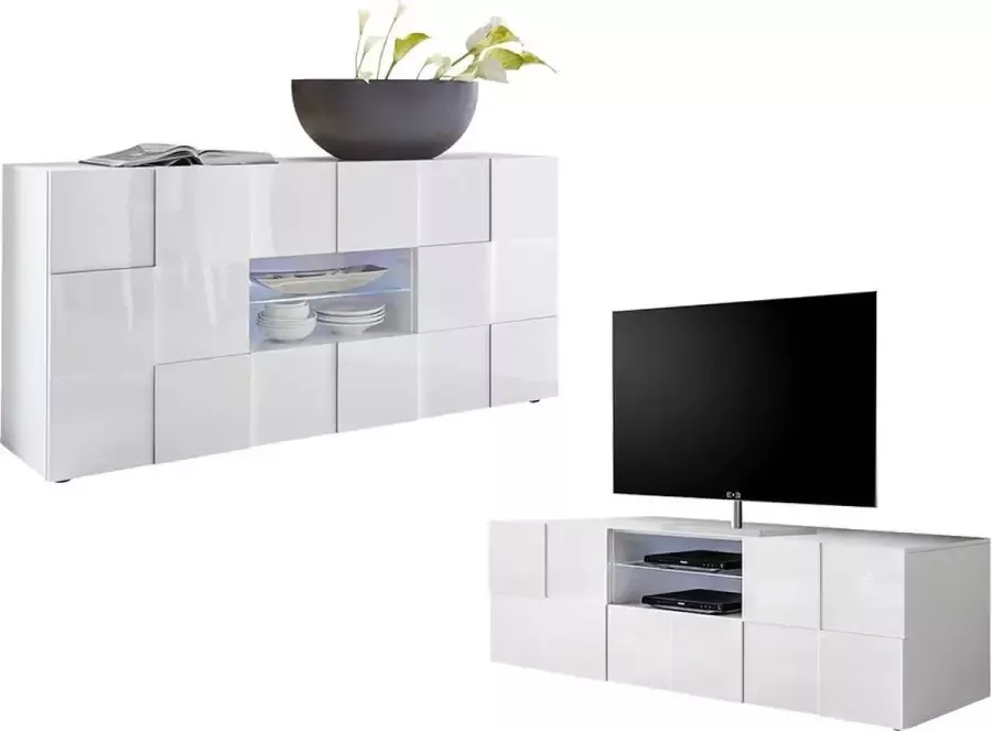 Set buffetkast + TV meubel CALISTO Witgelakt L 181 cm x H 86 cm x D 43 cm