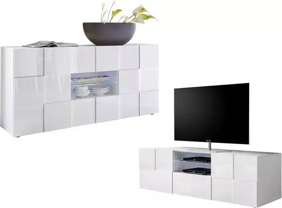 Vente-unique Set buffetkast + TV meubel CALISTO Witgelakt L 181 cm x H 86 cm x D 43 cm