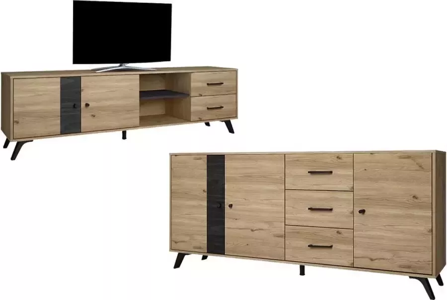 Set buffetkast + TV meubel PORTLAND Eiken en zwart L 180.5 cm x H 81 cm x D 40 cm